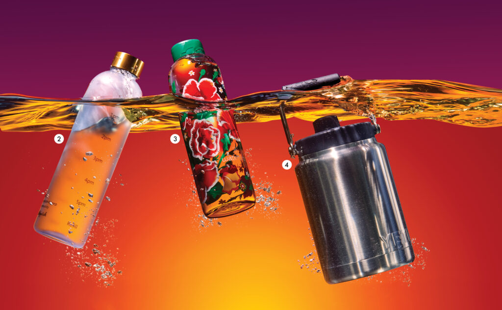 InPickleball | From left, Healthish’s Plastic WB-1 Bottle, Waterdrop’s Frida Kahlo Glass Bottle, and Yeti’s Rambler Half Gallon Jug
